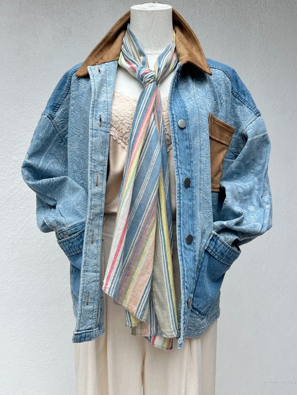 NWT En Saison Tarak Jacquard Denim Work Jacket White Paisley Brown Collar Size M